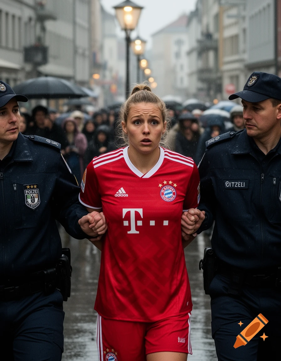 Photorealistic image of a woman in a red Bayern Munich soccer jersey being escorted by two police officers in the rain on a city street.