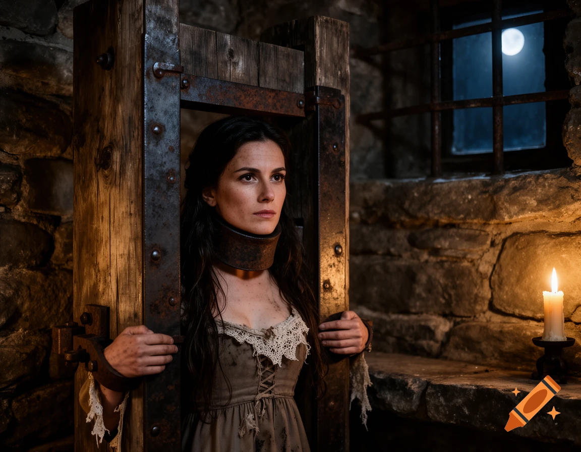 A distressed woman in a dirty dress is locked in a wooden and metal pillory in a dimly lit stone room, with moonlight through a barred window and a lit candle.
