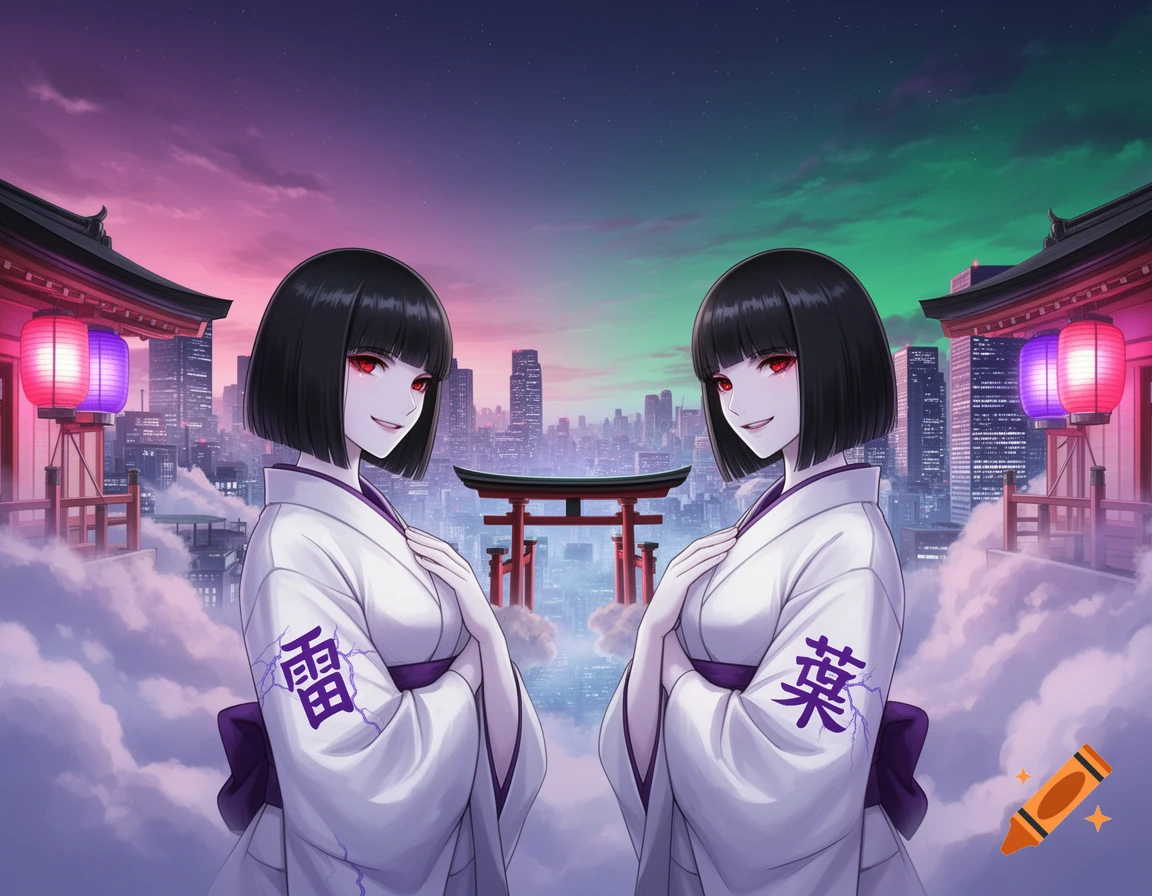 Two anime women in white kimonos with black bob cuts and red eyes stand above a cityscape with a torii gate under a vibrant gradient sky.