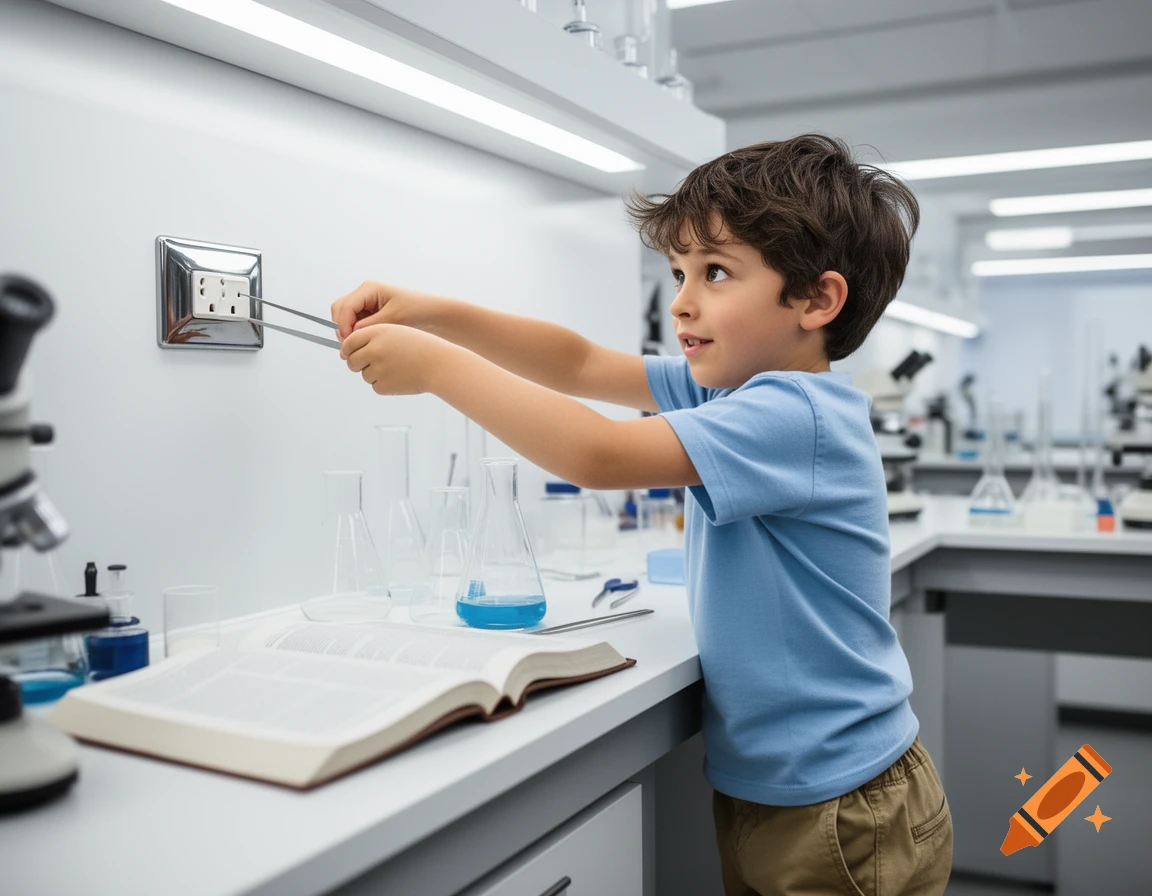 A young boy in a blue shirt and khaki pants inserts metal tweezers into an electrical outlet in a brightly lit laboratory.