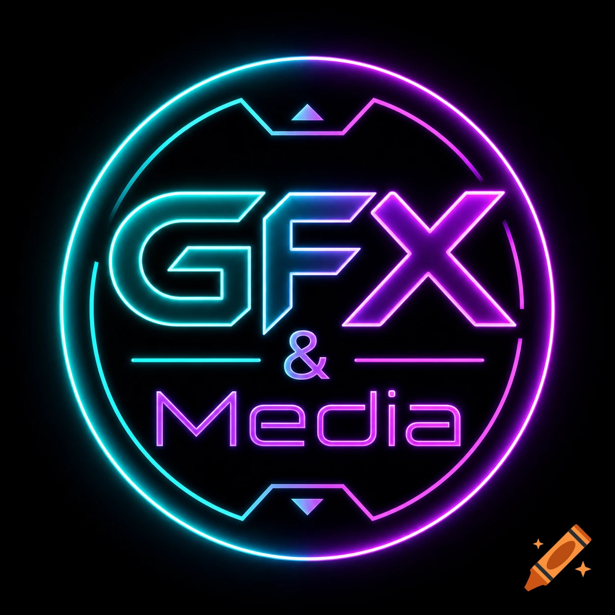 A circular neon logo featuring the text "GFX & Media" in vibrant teal and purple glowing lines on a black background, with a futuristic design.