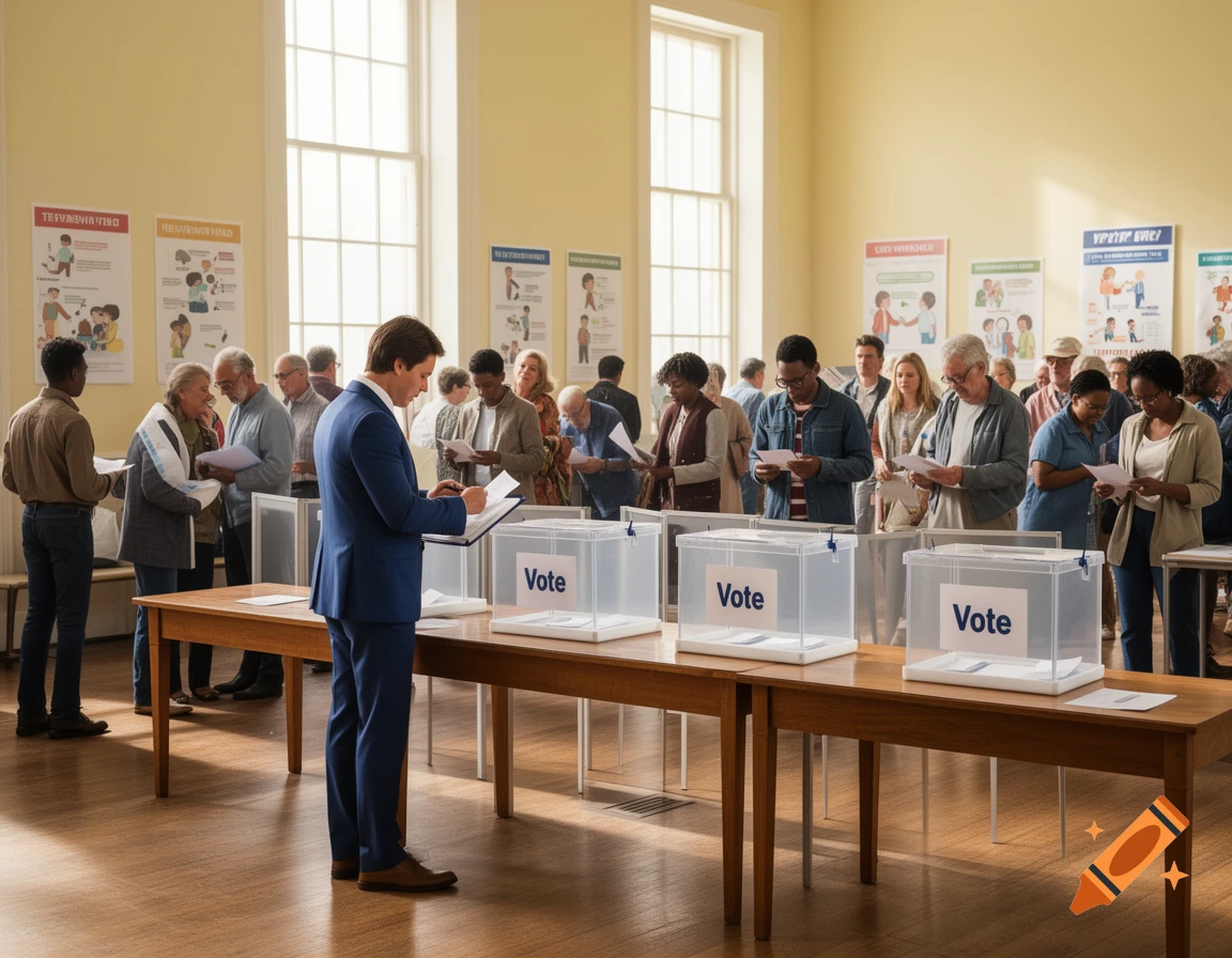 People of various ages and ethnicities cast their ballots at a bustling polling station, with multiple "Vote" boxes visible on long wooden tables.