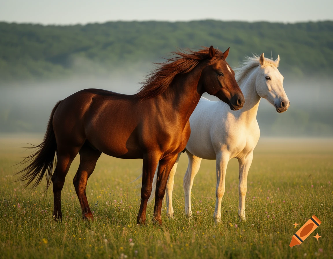 Brown and white horses stand in a grassy field with distant misty hills at sunrise.