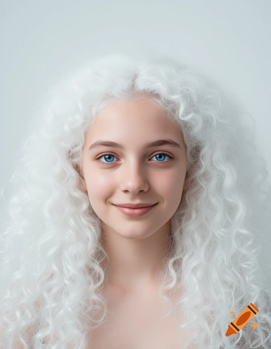 A young girl with bright white, curly hair and vivid blue eyes smiles gently against a light background.