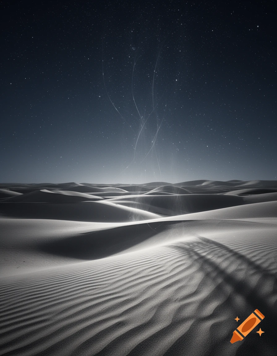 Vast desert landscape at night with undulating sand dunes and a dark sky filled with stars and faint light trails.