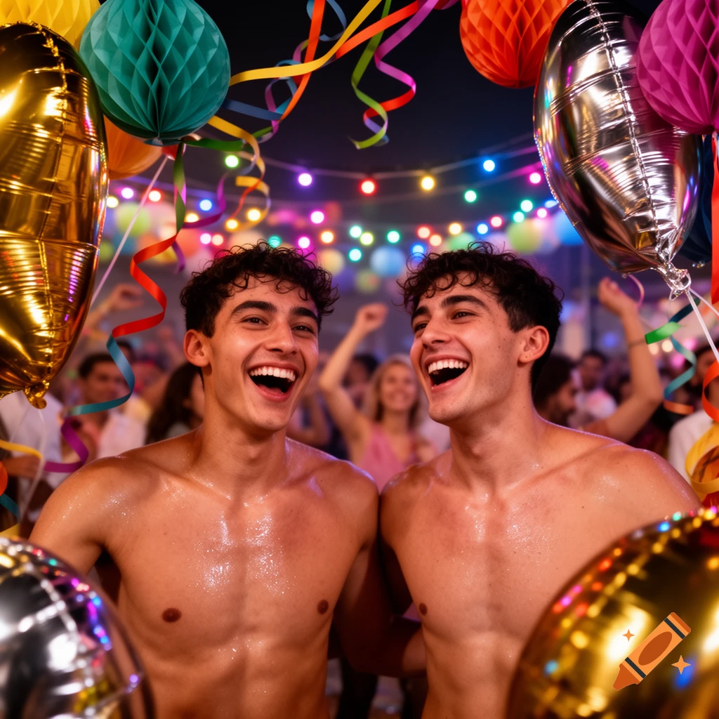 Two shirtless young men laughing at a vibrant night festival with balloons, streamers, and colorful lights.
