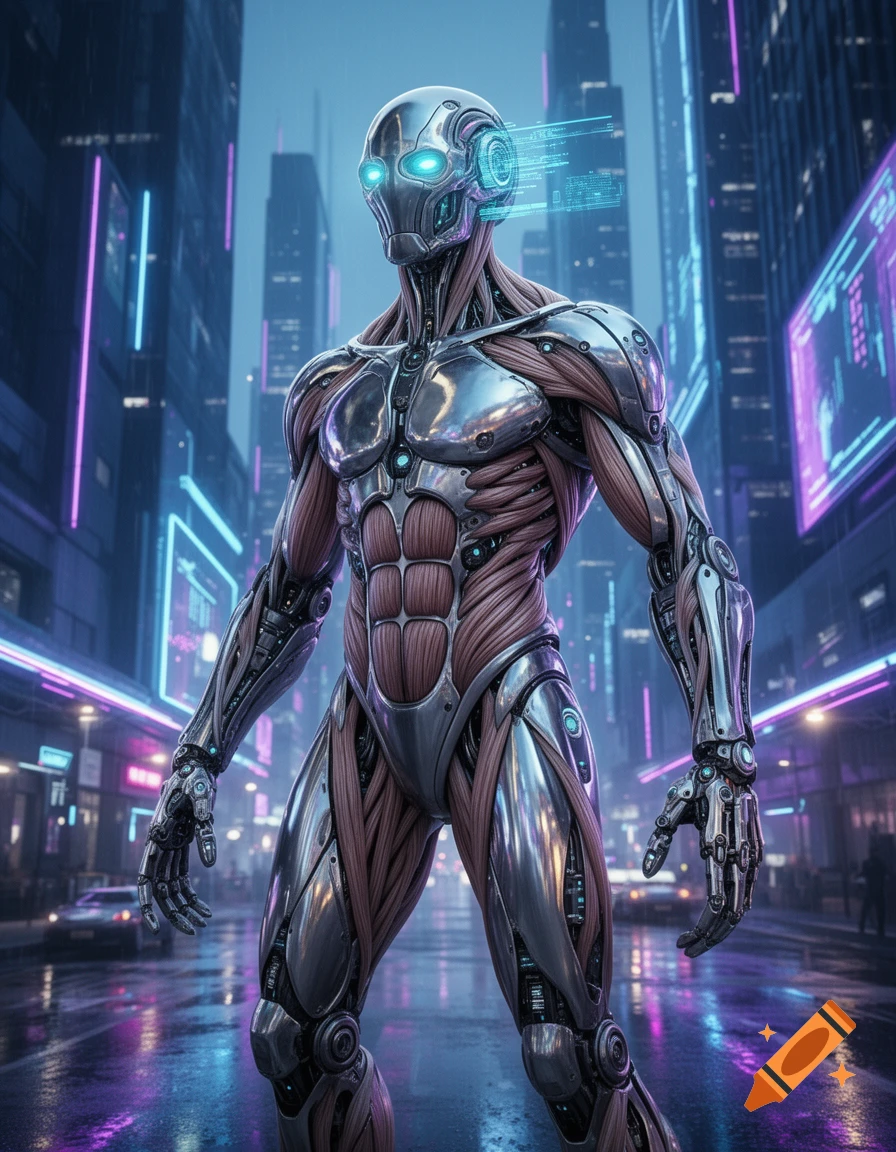 A photorealistic image of a metallic and muscular cyborg with glowing blue eyes standing in a rainy futuristic city with neon lights.