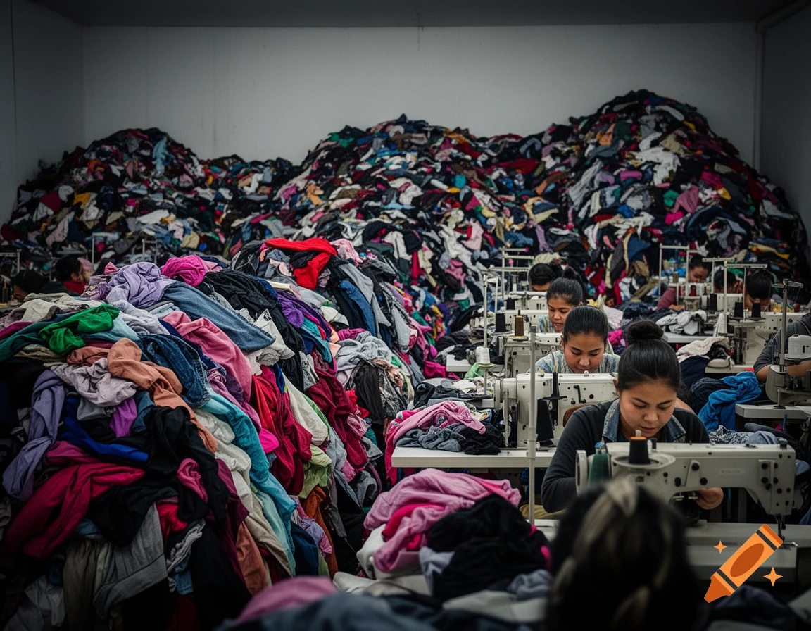 Textile factory workers sew at machines amidst huge piles of colorful clothes, depicting consequences of overconsumption.