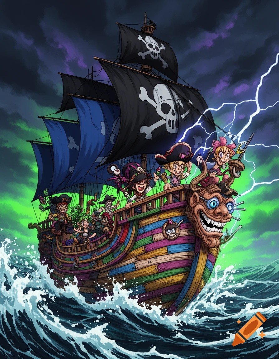 A vibrant, anime-style pirate ship with a crew of wacky pirates sails through a stormy, green-tinged sea with lightning.