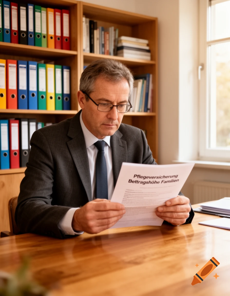 A man in a suit and tie sits at a wooden desk in an office, intently reading a document. Bookshelves with colorful binders are in the background.