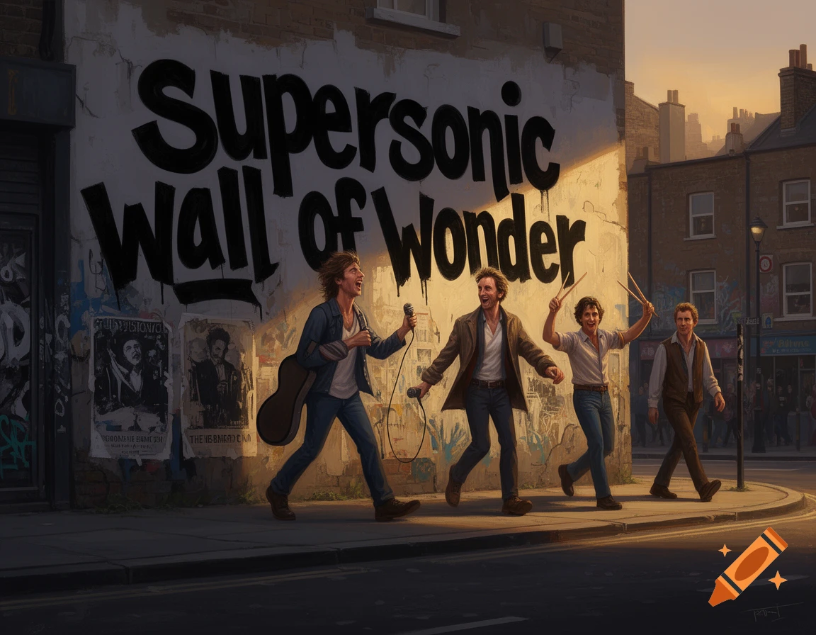 A band of four men walks past a wall with "Supersonic Wall of Wonder" graffiti on a city street at sunset.