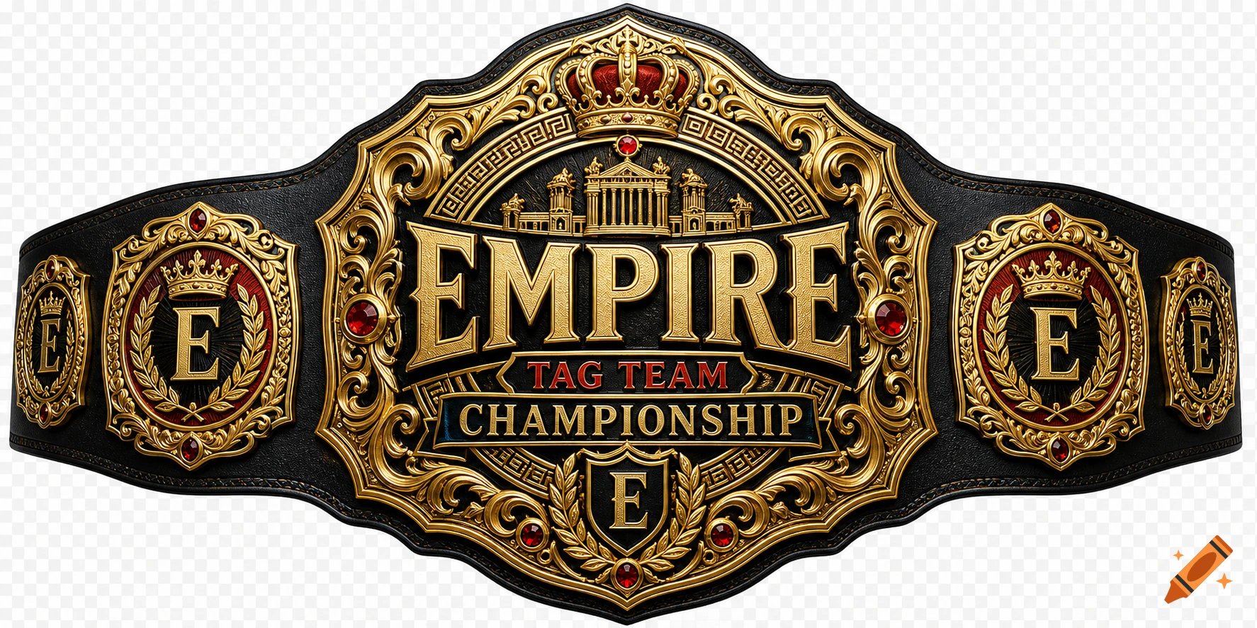 An ornate gold and black leather wrestling championship belt with red gems and the text 'EMPIRE TAG TEAM CHAMPIONSHIP' on a transparent background.