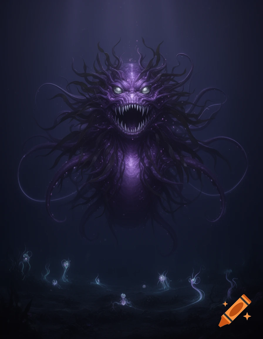 A terrifying purple tentacled monster with glowing eyes and sharp teeth looms in a dark deep-sea abyss above smaller bioluminescent creatures. Dark fantasy art.