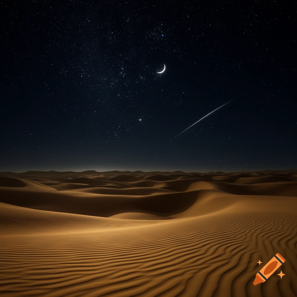 Photorealistic night scene of sand dunes under a starry sky with a crescent moon and a shooting star.