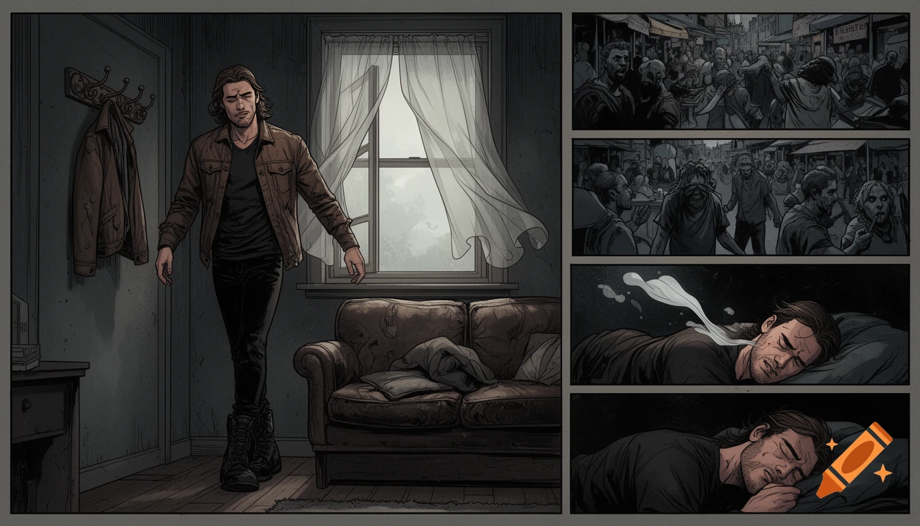 Comic panels show a man in a brown jacket in a dimly lit apartment, then flashbacks to a crowded, chaotic market scene, and finally the man sleeping.