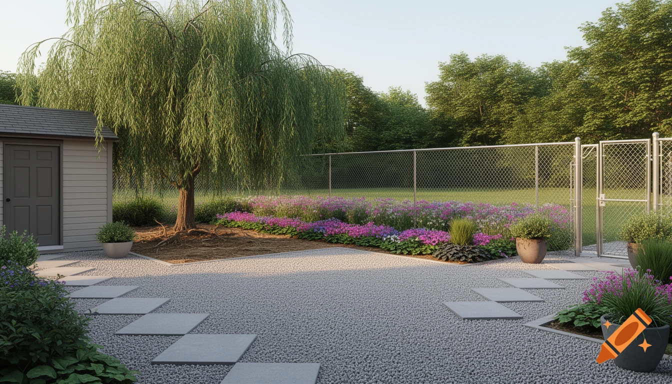 Photorealistic backyard with a weeping willow tree, grey shed, pea gravel patio, flower beds, and a chain-link fence.