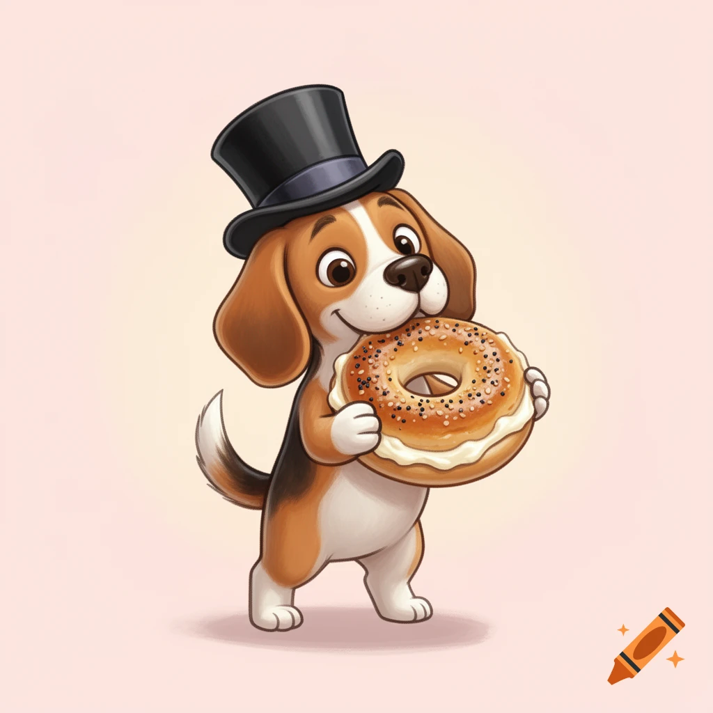 A happy cartoon beagle dog wearing a top hat holds a large bagel with cream cheese and sprinkles.