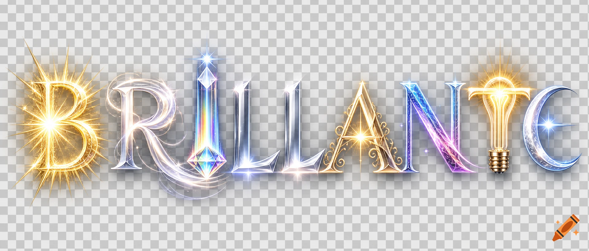 The word "BRILLANTE" in decorative, luminous typography, with each letter uniquely stylized to evoke brilliance and light, against a transparent background.