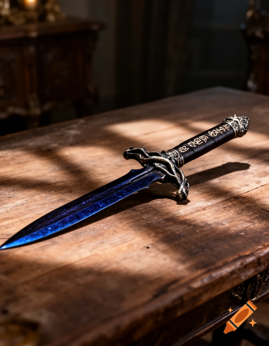 Photorealistic fantasy sword with a blue, speckled blade and ornate hilt rests on a rustic wooden table.