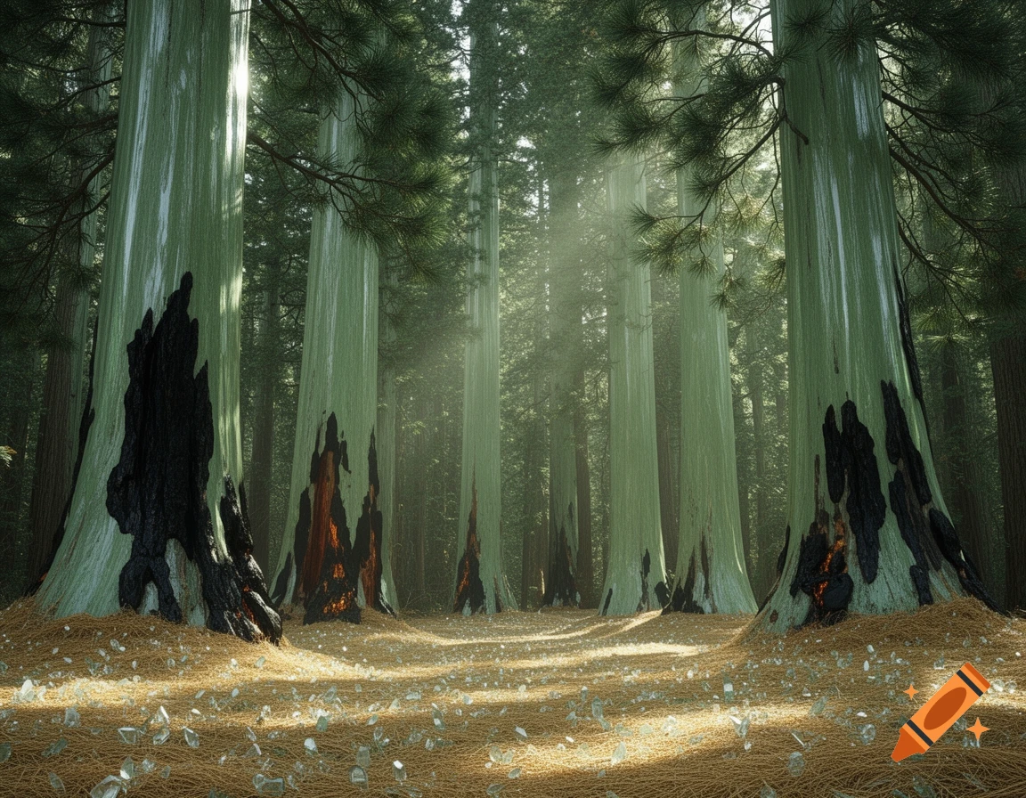 A mystical forest with tall, smooth light green trees, some with black obsidian-like burns. The ground is covered in yellow pine needles and glittering glass shards.