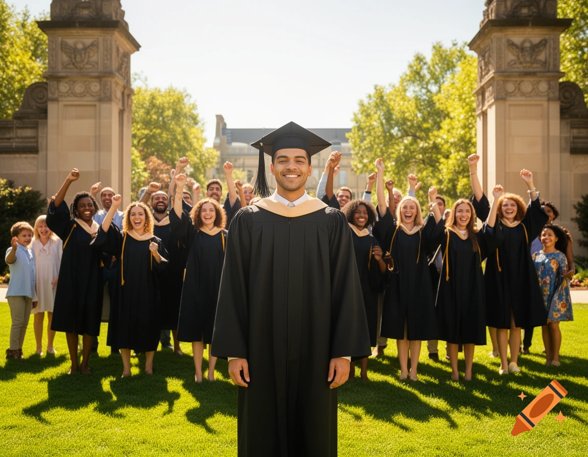 Diverse graduates in caps and gowns cheer joyfully on a sunny university campus, with a man in the foreground smiling.