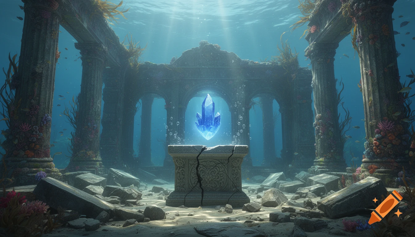 Underwater ruins of a massive temple with a broken altar, above which a glowing blue crystal floats.