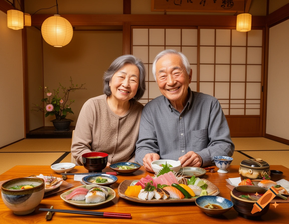 Smiling elderly Japanese couple at a dinner table with traditional food in a cozy, warm home.