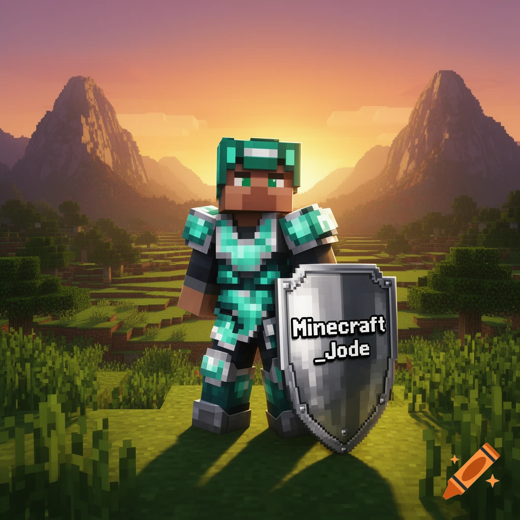 Minecraft character in green armor holds a shield with 'Minecraft_Jode' in a blocky landscape with mountains and sunset.