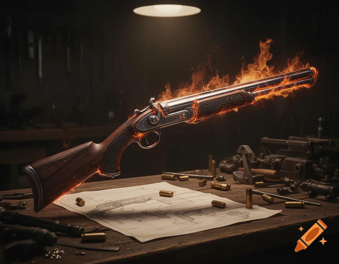A fiery double-barreled shotgun floats above a cluttered wooden workshop table with tools and shell casings.