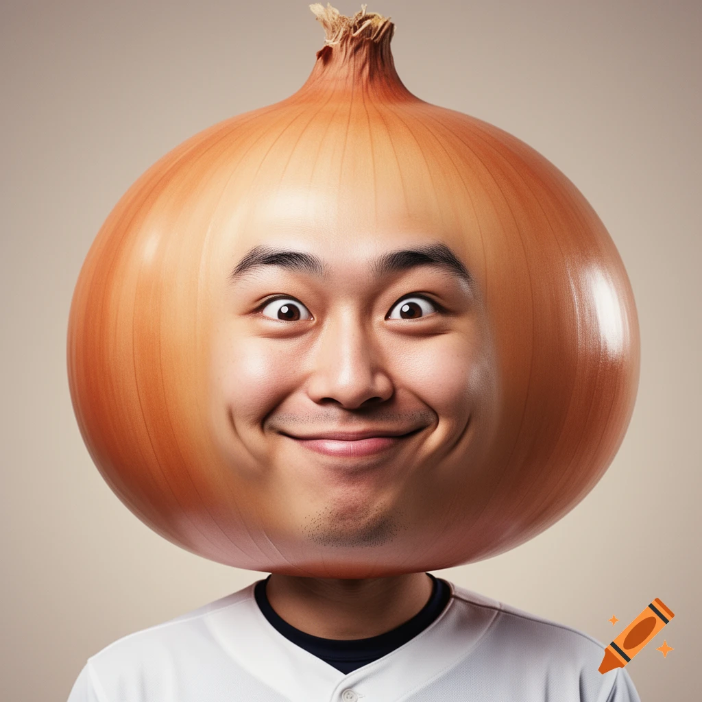 A man with a large, round onion for a head smiles at the camera, wearing a white baseball jersey.