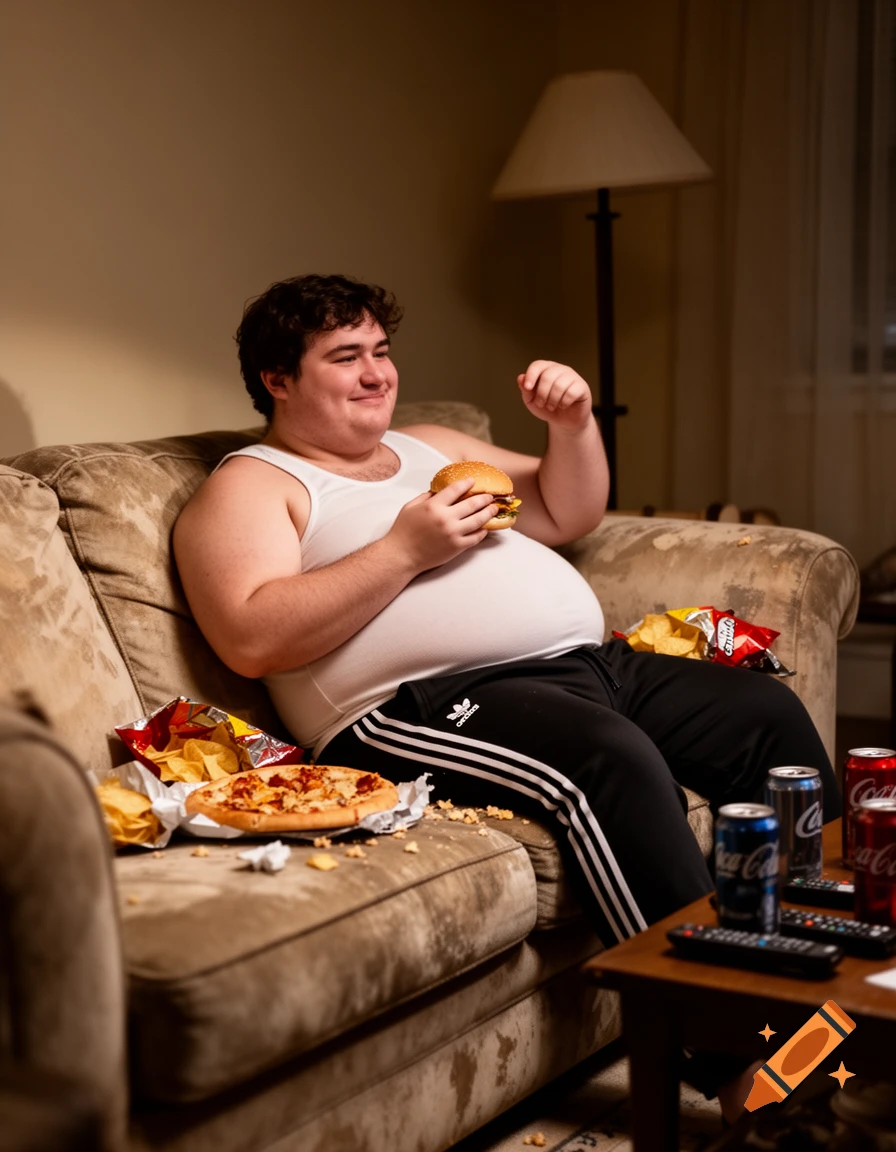 Overweight young man in a tank top and joggers sits on a sofa, eating a hamburger amidst pizza, chips, and soda.