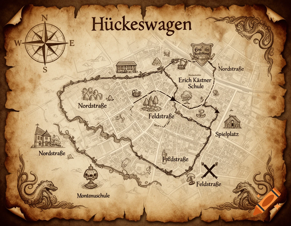 An old, detailed treasure map of Hückeswagen with a compass rose, featuring streets, landmarks, and a marked route on distressed parchment.