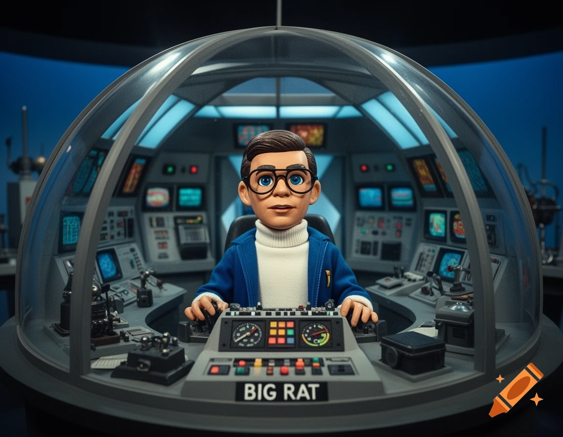 A puppet-like character in glasses and a blue jacket sits in a futuristic control room with a glass dome.