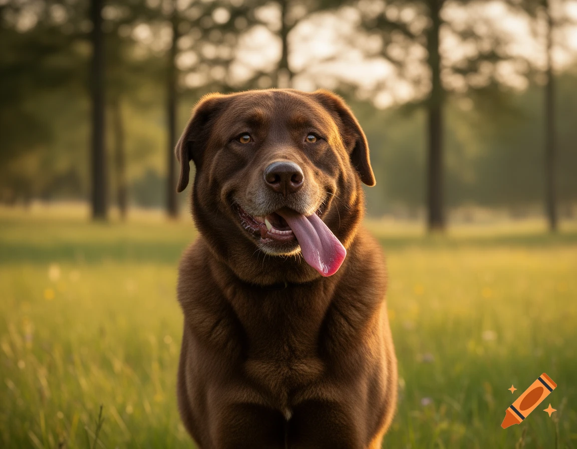 Photorealistic image of a smiling chocolate Labrador dog with its tongue out, standing in a sunny grassy field with trees.
