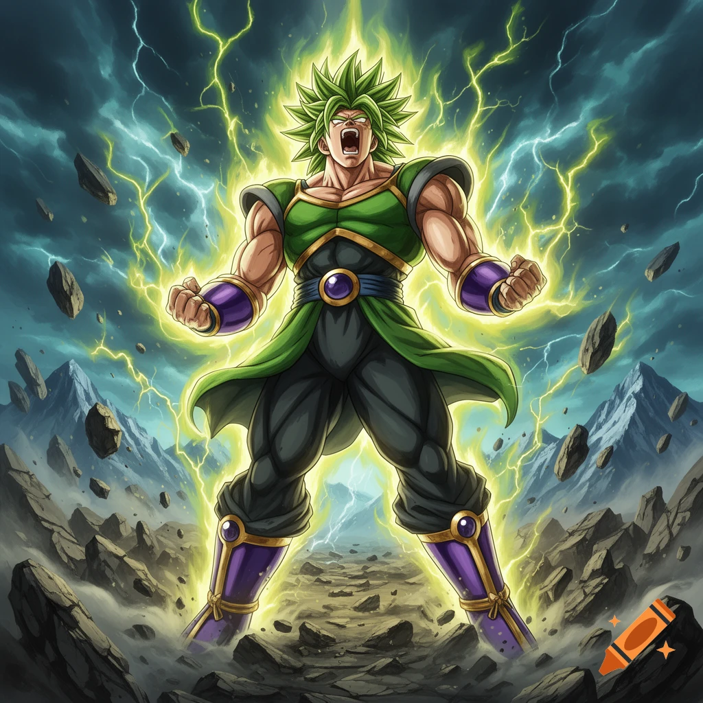 An anime character with green spiky hair, wearing green and purple, roars while powering up with green lightning and floating rocks around him in a mountainous landscape.