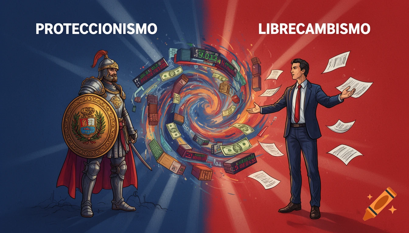 An illustration of protectionism vs free trade, with a knight and a businessman on opposing sides of a swirling vortex of commerce.