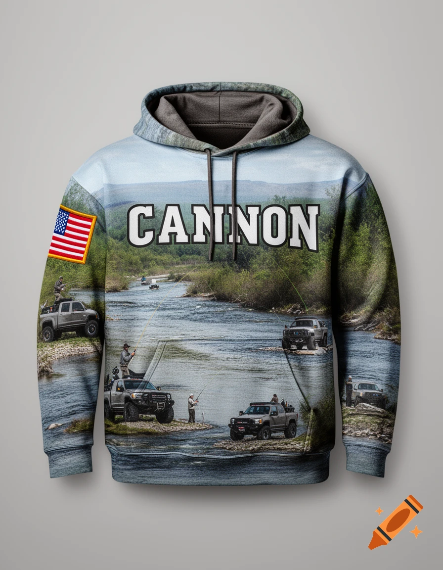 A hoodie with a fishing scene design featuring multiple pickup trucks, fishermen, and a river. The word "CANNON" is prominently displayed on the chest, and an American flag patch is on the left sleeve.