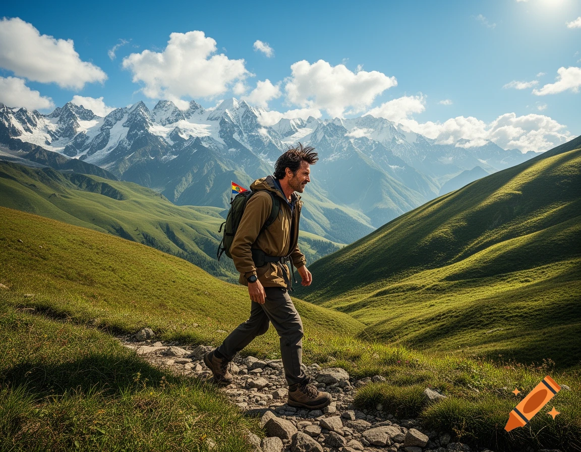 A man hikes on a rocky trail through green mountains with snow-capped peaks under a blue sky.