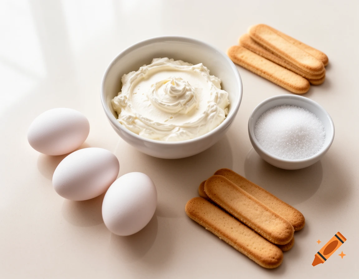 Overhead shot of tiramisu ingredients: mascarpone, three white eggs, sugar, and ladyfingers on a light surface.