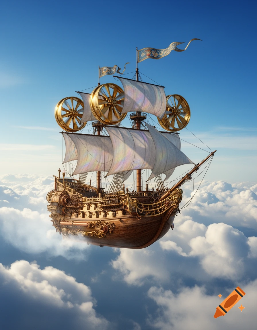 An ornate wooden steampunk airship with multiple sails and large golden propellers floats above white clouds in a bright blue sky.