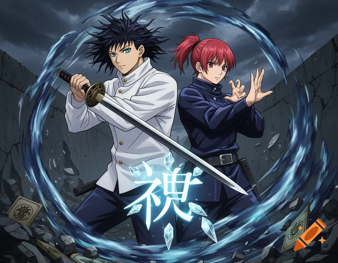 Anime illustration of a man with a sword and a woman with hand gestures, surrounded by water and ice magic in a destroyed area.