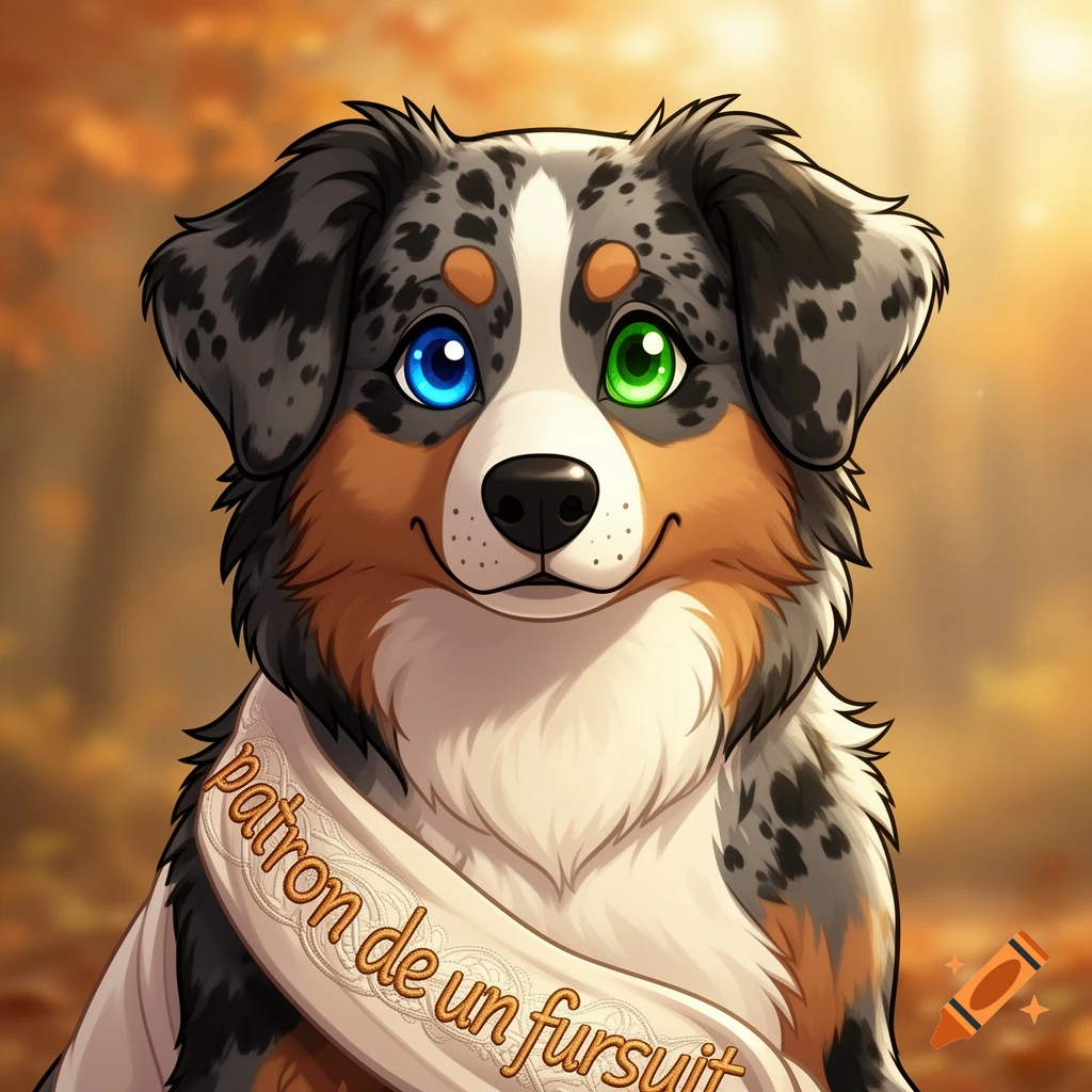 Close-up of a cartoonish Australian Shepherd dog character with heterochromia (blue and green eyes), wearing a sash that reads "patron de un fursuit" against an autumnal background.