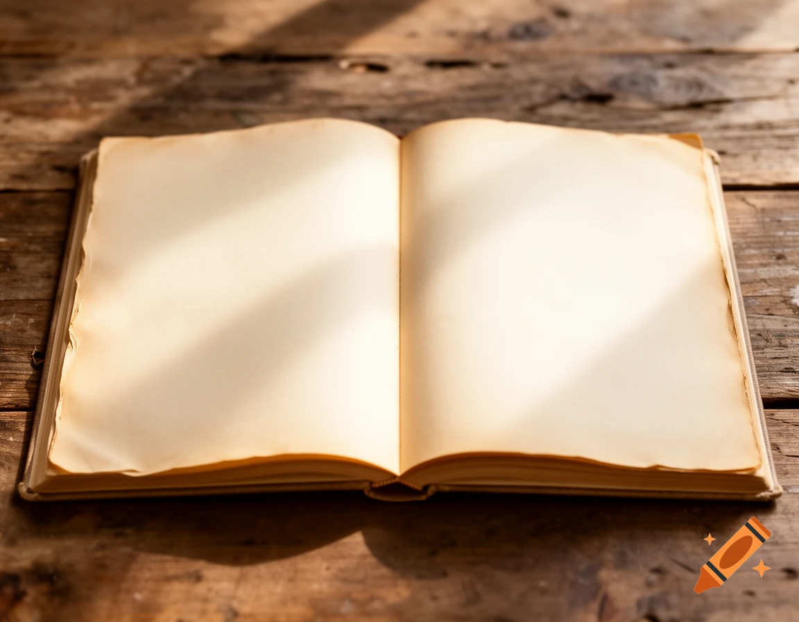 An open, old book with blank, yellowish pages lies on a rustic wooden table with sunlight casting a shadow.