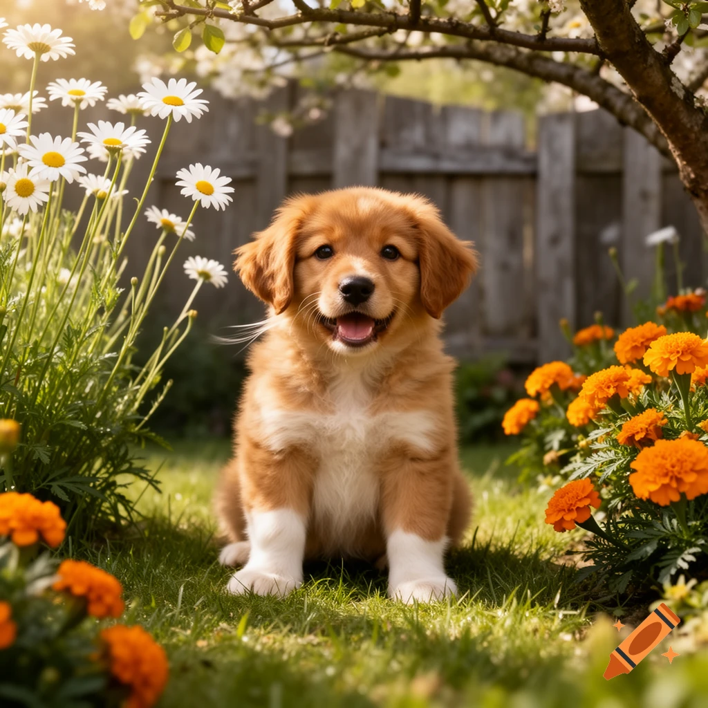 A happy golden retriever puppy sits amidst white daisies and orange marigolds in a sunny garden.