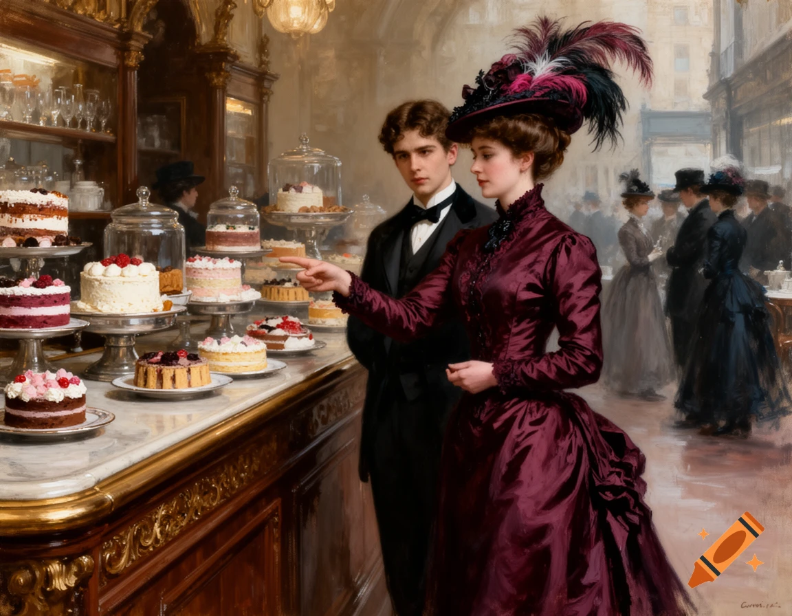 An oil painting of a Victorian couple in an 1890s London cafe, admiring cakes and pastries on an ornate counter.