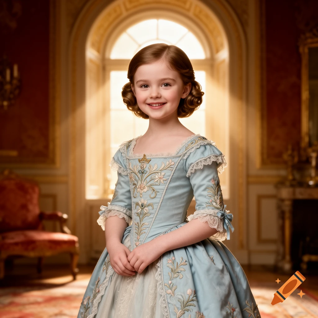A young girl in a light blue embroidered historical gown smiles, standing in a grand room with an arched window behind her.