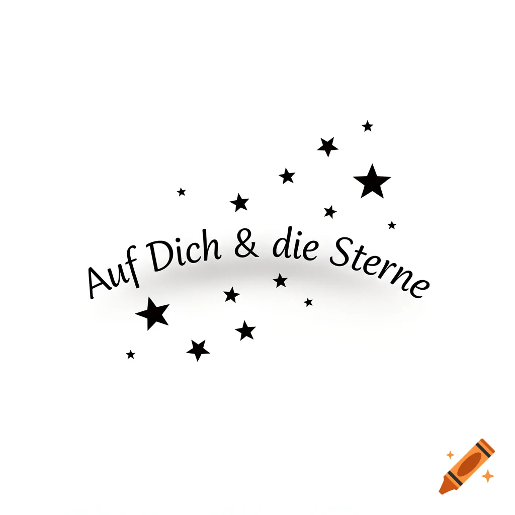 Black text "Auf Dich & die Sterne" with an ampersand, surrounded by scattered black stars on a white background.