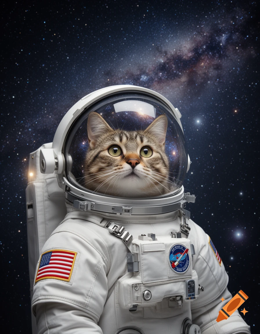 Photorealistic tabby cat in a white astronaut suit, looking up into a starry galaxy.