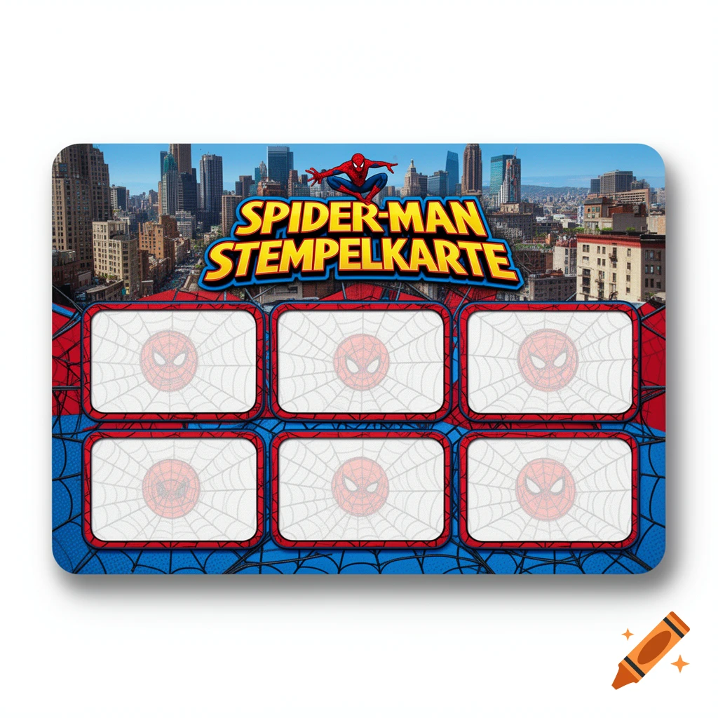 Spider-Man themed punch card featuring the text "SPIDER-MAN STEMPELKARTE" against a city skyline, with six blank stamp fields each containing a Spider-Man logo.
