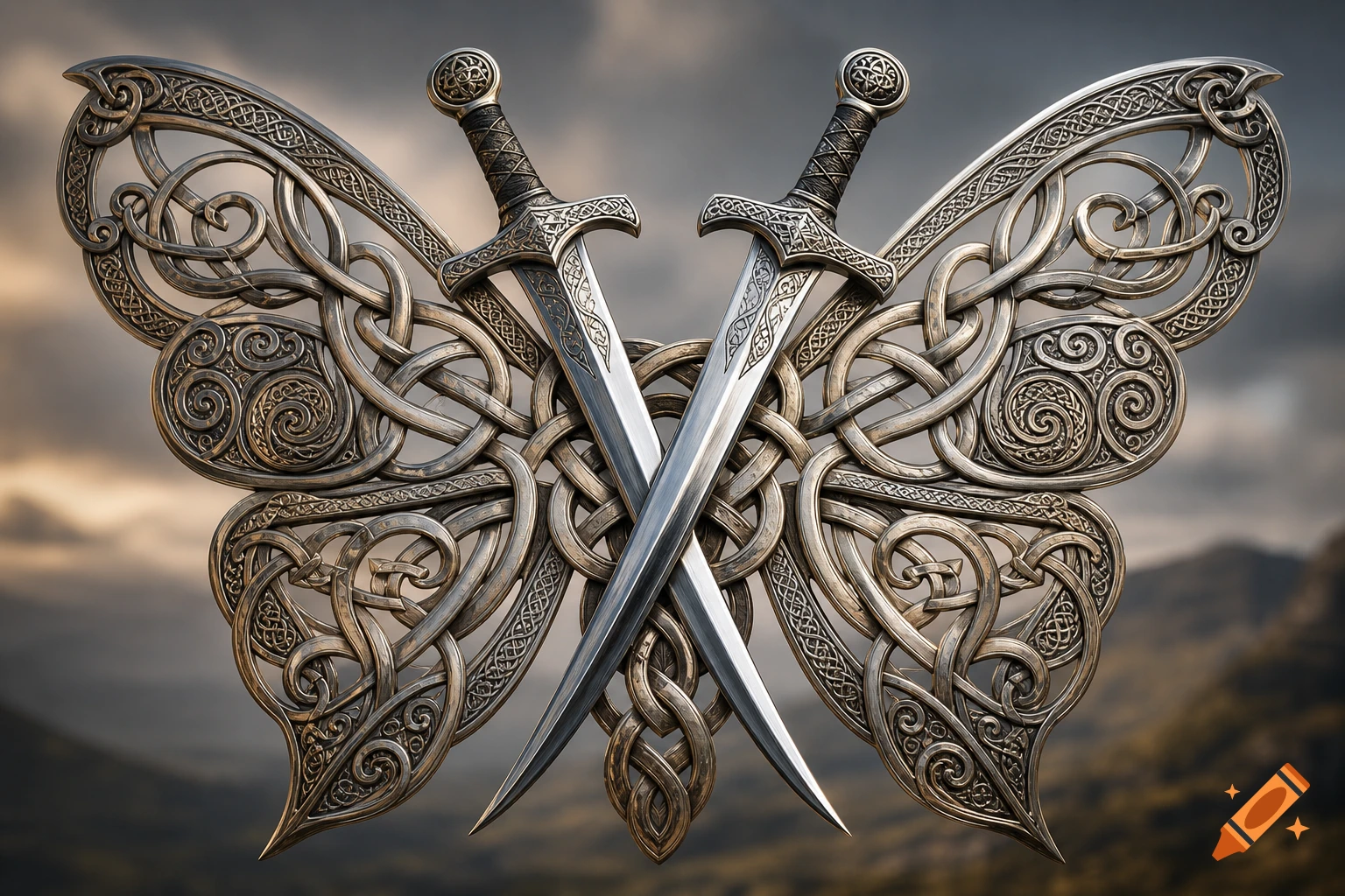 Two crossed metallic swords form the body of a butterfly with intricate Celtic knotwork wings against a cloudy sky.